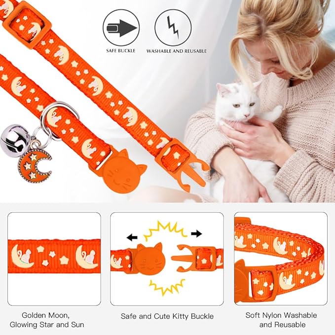 2Pcs Breakaway Cats Collars Cat Collars for Boy & Girl Cats Adjustable Kitten Collars with Bell,Black+Tangerine
