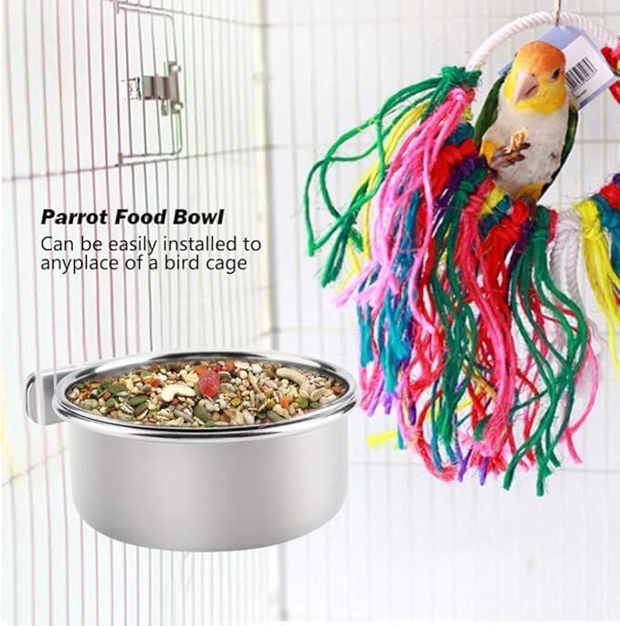PINVNBY 2PCS Parrot Feeding Cups Birds Food Dish Stainless Steel Parrot Feeders Water Cage Bowls with Clamp Holder for Cockatiel Conure Parakeet Parrot Macaw Small Animal (Size: M)