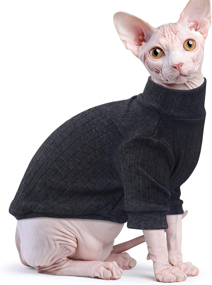 Idepet Sphynx Hairless Cats Sweater Shirt Kitten Soft Puppy Clothes Pullover Cute Cat Pajamas Jumpsuit Cotton Apparel Pet Winter Turtleneck for Cats and Teacup Chihuahua Small Dogs(Black,S)