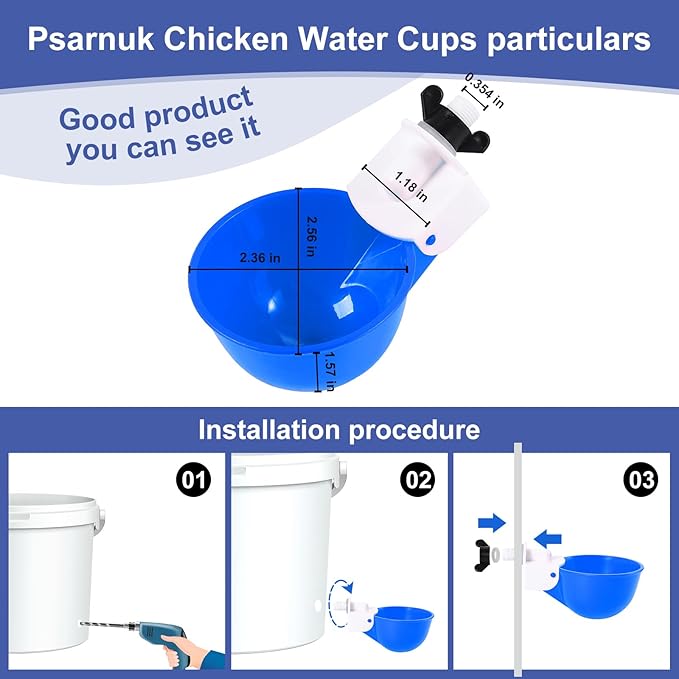 Chicken Waterer Cups (8 Pack/Blue) - DIY Automatic Large Chicken Water Feeder for Ducks,Chicks, Turkeys, Quail, Bunny, Bird and Other Various Poultry Dispenser with Matching Drill