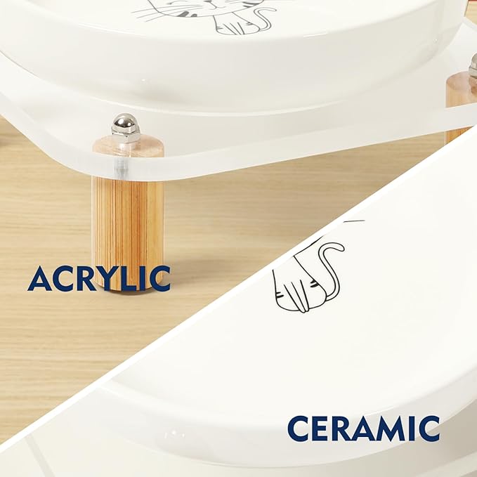 Elevated Cat Bowls for Indoor Cats – Raised Acrylic Cat Bowl Stand with 5.8 Inch Wide Ceramic Dishes, Pet Food Table Plate for Easy Feeding, Whisker Friendly(White,Set of 2)