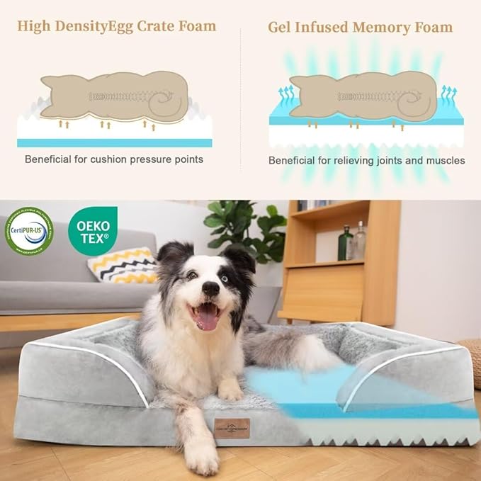 Comfort Expression Orthopedic Memory Foam Dog Bed, Waterproof Dogs Beds Large Sized, Washable Cooling Dogs Beds with Removable Cover, Pet Sofa with Bolster(Large,Light Grey)