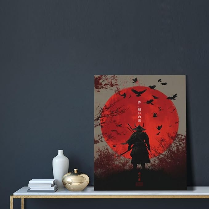 Japanese Armored Samurai Wall Art Modern Japan Warrior Canvas Wall Decor Asian Oriental Bushido Pictures Painting Print Artwork Framed Decorations Gifts for Room Bedroom Office Living Room 16"x20"