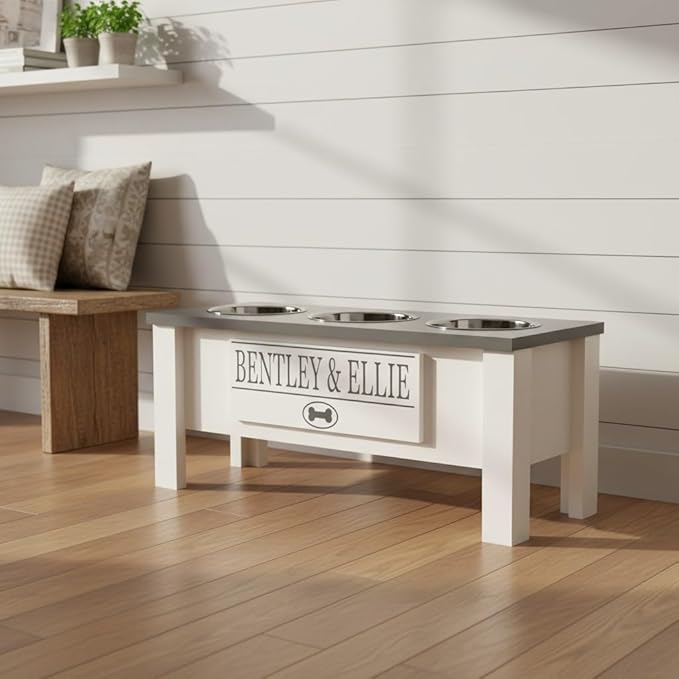 GrooveThis Woodshop - Personalized Elevated Triple Dog Bowl Stand for Large, Medium, Small, X-Small Dogs - 3 Stainless Steel Food and Water Bowls - Raised Dog Dish with Internal Storage (Large, Grey)