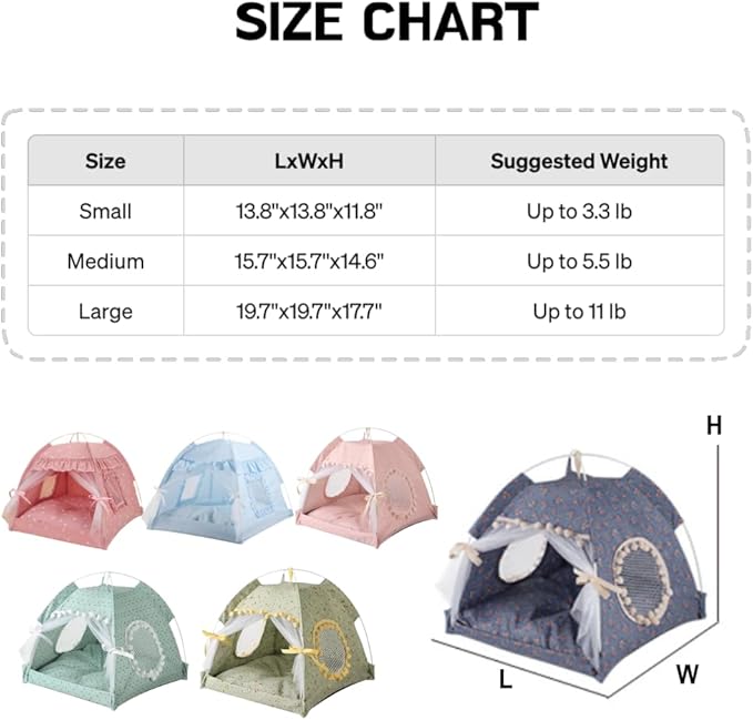 Cat Bed Tents Dog House Indoor Outdoor Lace Mesh Breathable Windows Door Curtains Removable Portable Nest Teepe House (Large,Mint&White)