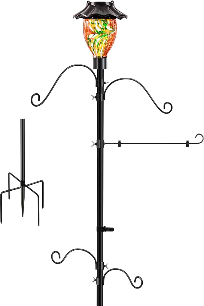LUJII Solar Shepherds Hooks for Outdoors, Bird Feeder Pole with 4 Adjustable Hangers and 1 Flag Holder, Garden Stand for Hummingbird Feeders, Wind Chimes, Plant Baskets, Lanterns (Red)
