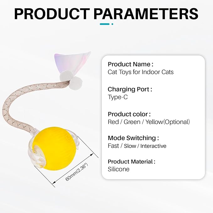 Interactive cat Toy cat Toys for Indoor Cats Agile Moving Cat Ball with Elastic Mesh Tail Automatic Kitten Toys Motion Activated Ball (Yellow)