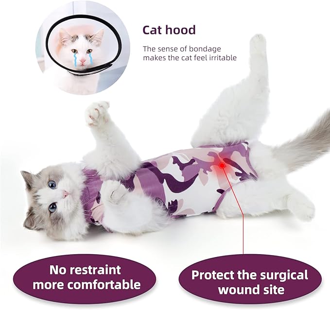 New Professional Cat Recovery Suit After Surgery as E-Collar Alternative, Kitten Recovery Suit for Spay to Cover Abdominal Wounds, Camouflage Apparel Anti-Licking Cat Onesie (S, Purple)