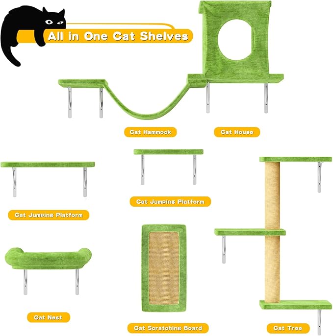 NUNU LAB Cat Wall Shelves, 6 Pcs Luxury Wall-Mounted Cat Climber Set, Indoor Cat Furniture with 1 Condos House, 2 Cat Wall Shelves, 1 Scratching, 1 Bridge Ladder, 1 Scratching Pad, Green