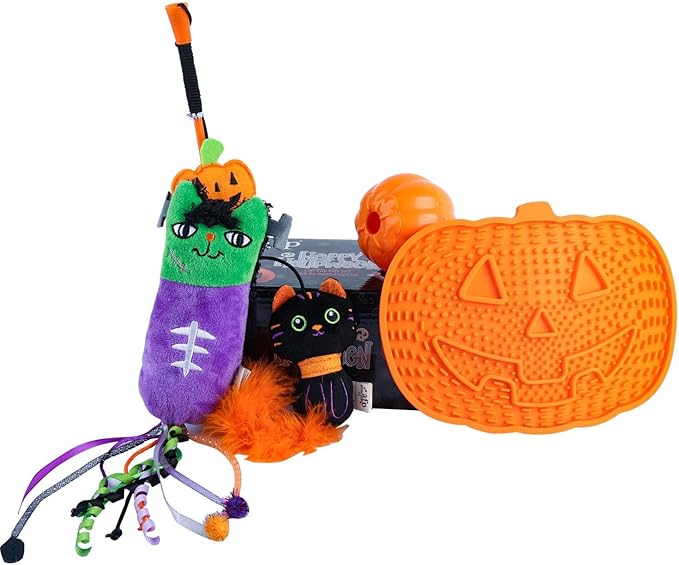 All for Paws Halloween Cat Gift Set – 4 Pack Cat Toys for Indoor Cats, Treat Dispenser, Lick Mat, Kicker & Wand