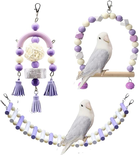 3PCS Bird Toys Bird Foraging Toys Chewing Hanging Birdcage Swing Cage Accessories Parrot Climbing Ladder for Conure Parakeet Cockatiel Budgies Lovebird Parrotlet (Purple)