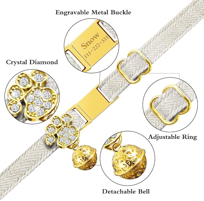 Personalized Breakaway Cat Collars - Magnetic Buckle, Bell - Safety Quick Release, Customized for Girls & Boys Cats- (Herringbone-Oatmeal)