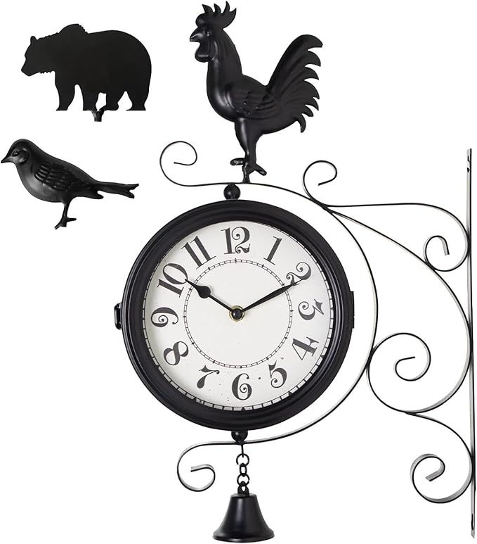 Outdoor Post Clock with Interchangeable Rooster Bird and Bear Accessories, Double-Sided Hanging Farmhouse Iron Clock with Bell for Outdoor Garden Porch and Indoor Decor 13x18
