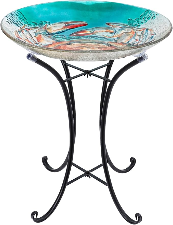 MUMTOP Bird Baths for Outdoors, Crab Glass Large Bird Bath Bowl with Metal Stand, Bird Feeders for Outside and Garden, Patio,Lawn Decor