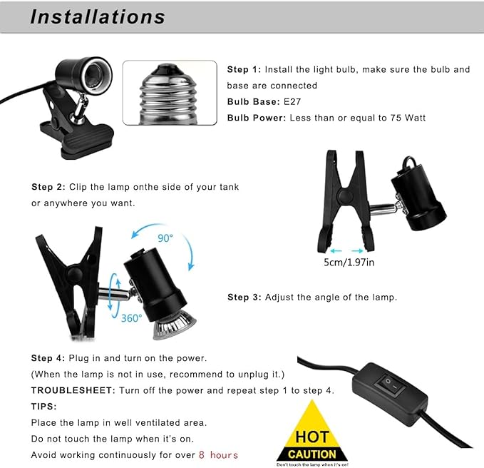 DOMICA Reptile Heat Lamp with 50W UVA UVB Light Bulb, Basking Spot Light Simulated Sunlight, Heating Lamp for Turtle, Lizard, Snake, Beared Dragon, Amphibians