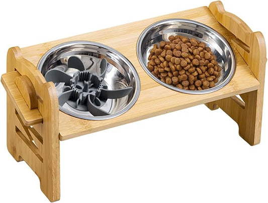 Elevated Dog Bowls, Adjustable Raised Dog Bowl Stand with 2 Stainless Steel Dishes and 1 Slow Feeder Bowl, Durable Bamboo Dogs Feeding Station for Small Medium Dogs/Cats