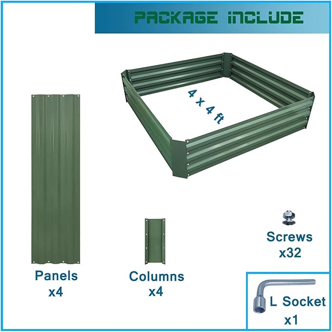 4x4x1ft Metal Raised Garden Bed Kit，Galvanized Garden Bed Box for Vegetables, Flowers, Herbs, and Succulents,120 Gallon Capacity - Green