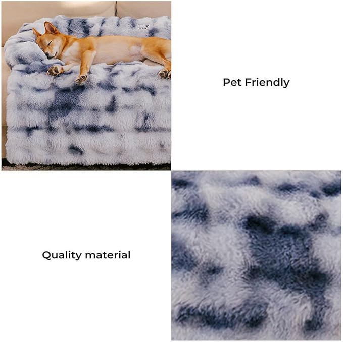 FUNNY FUZZY Pet Fluffy Plush Calming Dog Couch Bed Sofa Protector Washable Pets Mat for Large Medium Small Dogs and Cats (Tie-dye Blue,47.24 × 37.4 × 6.3 in)