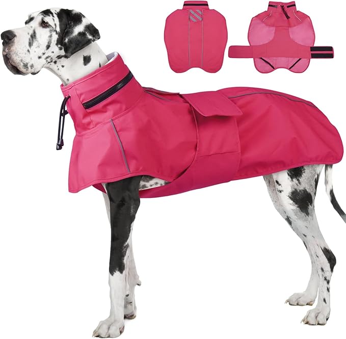 Waterproof Dog Raincoat, Windproof Rain Jacket for Large Dogs with Reflective Strips, Convertible Hood/Collar Poncho with Leash Hole Full Body Protection (Neon Pink, XXL)