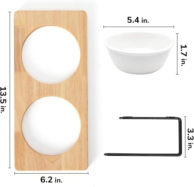 FUKUMARU Elevated Cat Ceramic Bowls, Small Dog Raised Food Feeding Dishes, Solid Wood Water Stand Feeder Set for Cats and Puppy