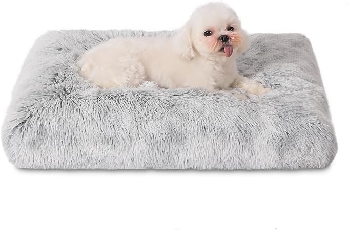Bedfolks Waterproof Crate Bed, Plush Dog & Cat Bed with Removable Washable Cover, Faux Fur Kennel Pad, 17"x12", Grey