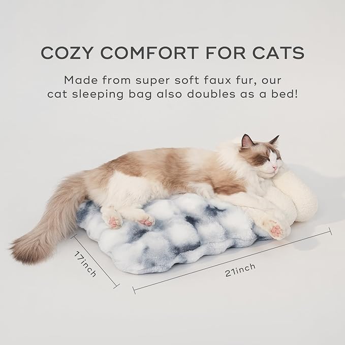 Cat Sleeping Bed for Indoor Cats Self Warming Cat Bag Fits up to 15 lbs Pets Soft Plush Warm Bed 360° Wrap Bag Washable Comfortable Pet Sleeping Bed 21" × 17" Blue White
