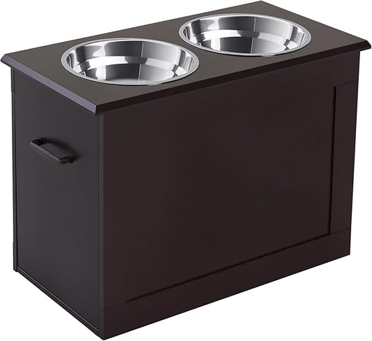 PawHut Raised Pet Feeding Storage Station with 2 Stainless Steel Bowls Base for Large Dogs and Other Large Pets, Coffee