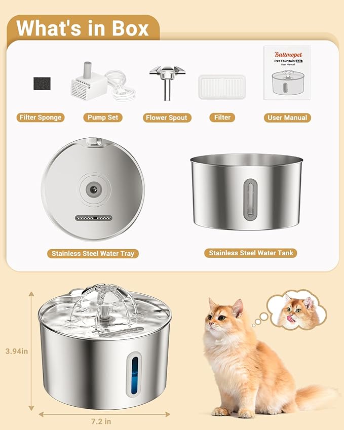 Cat Water Fountain Stainless Steel - 74oz/2.2L Corded Pet Water Dispenser Automatic Silent Cats Dispenser for Drinking Inside Indoor Metal Kitty Spout Fountain with 3 Filters & 3 Sponges