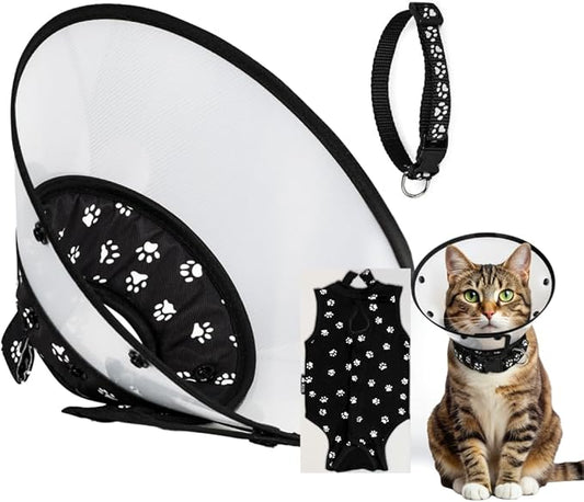 Cat Recovery Cone Kit Post Surgical Soft Pet Vest, Collar, and Non-Irritating Protection Cone for Cats - Comfortable Injury Care Solution (Black with White Paws, Small)