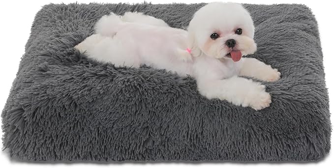 Bedfolks Waterproof Crate Bed, Plush Dog & Cat Kennel Pad, Faux Fur, Washable, 23"x18", Dark Grey