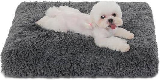 Bedfolks Waterproof Dog Crate Bed, Plush Pad With Removable Cover, Faux Fur for Small Dogs and Cats, Fluffy Washable Kennel Bed 17"x12", Solid Dark Grey