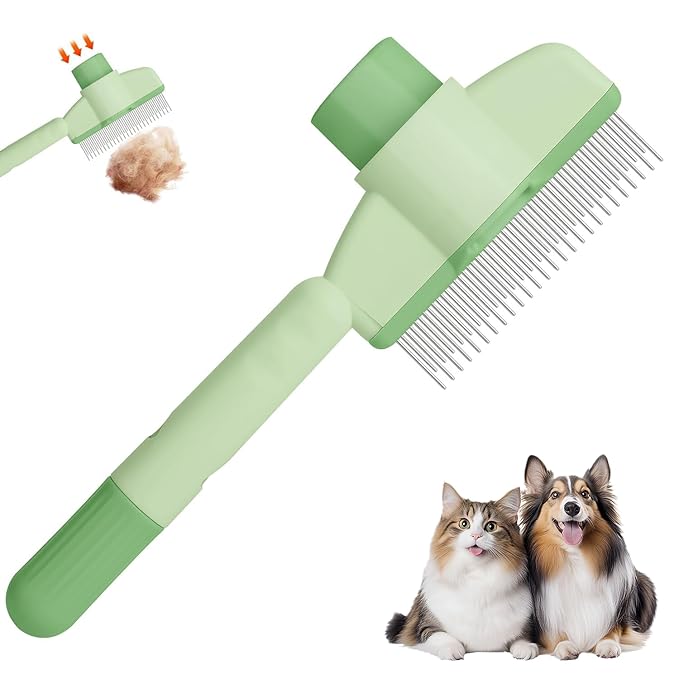 Pet Hair Removal Comb Flea Comb, New Cat Brush with Release Button Pet Hair Grooming Brush Supplies (GREEN)