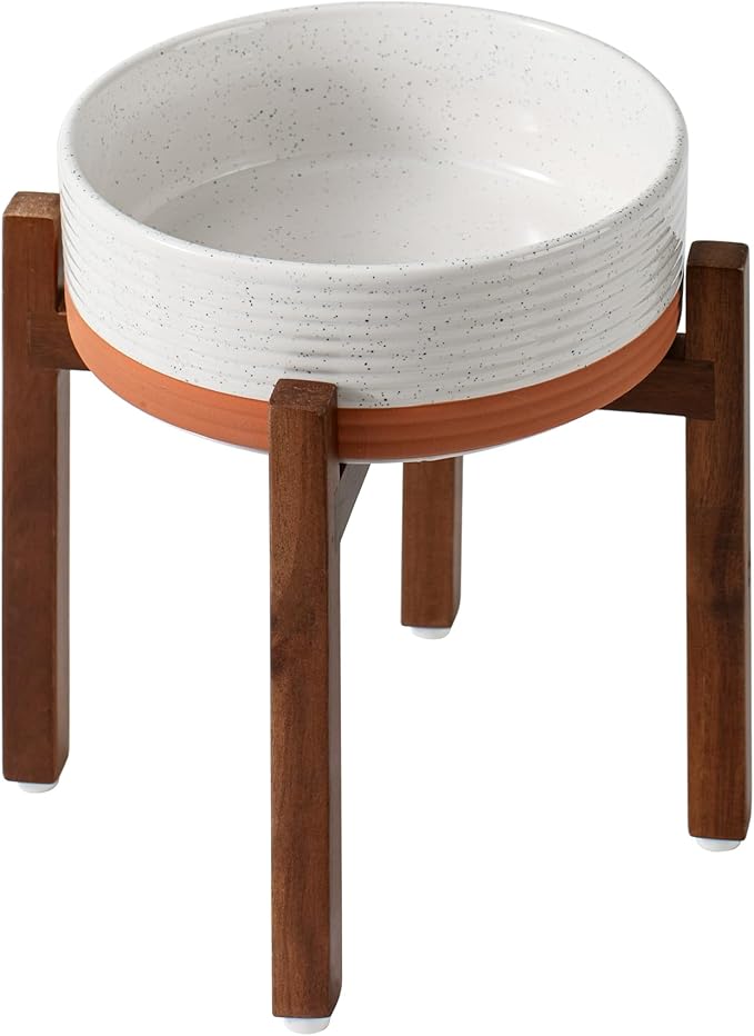 Ceramic 8.2inch Raised Dog Bowl Set, Elevated with Acacia Wood Stand, Food and Water Bowl for Large Breed Dogs, Weighted Pet Dishes(60oz, Vanilla White)