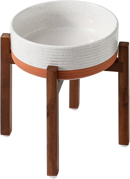 Ceramic 8.2inch Raised Dog Bowl Set, Elevated with Acacia Wood Stand, Food and Water Bowl for Large Breed Dogs, Weighted Pet Dishes(60oz, Vanilla White)