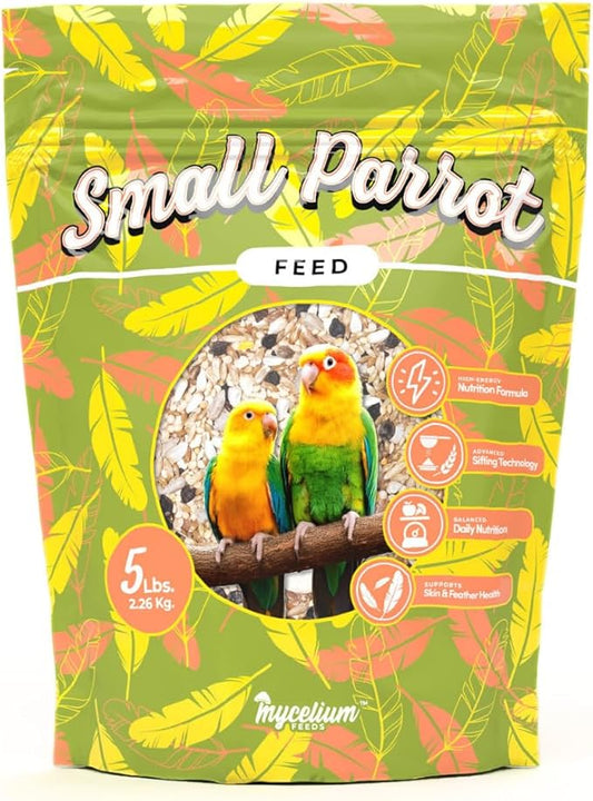 Mycelium Organic Small Parrot Bird Seed (5 LB Bag) | High-Energy Bird Food w/Premium Seeds & Grains for Skin & Feather Health | Daily Nutrition for Parrotlets, Conures & Cockatiel | Non-GMO, USA Made