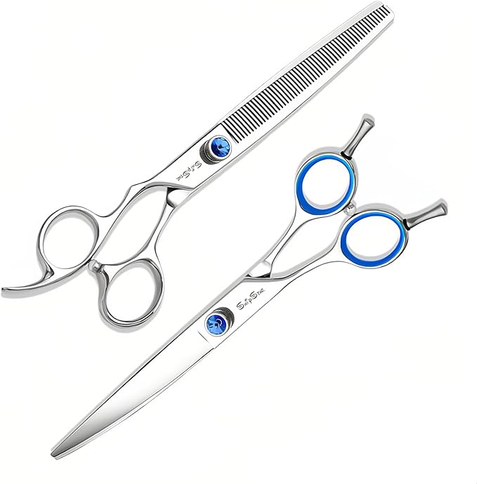 Curved Thinning Dog Grooming Scissors, VG10 Steel Pet Grooming Kit, Professional 7.5in Dog Trimming Scissors, for Rabbit Cat Face Body Hair Cutting Groomer or at Home, Shears Set with Ergonomic Handle