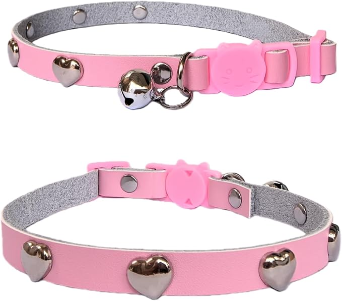 Spiked Cat Collar with Bells, Breakaway Genuine Leather Protective Collar for Kitty, Studs Spikes Punk Style, Heart Pattern, Adjustable for Girl Boy Kittens Small Bunny Rabbit, 10"-12" Pink