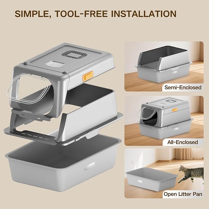 XX-Large Stainless Steel Cat Litter Box with Lid – Fully Enclosed Large Litter Box for Big Cats, Odor Control with Magnetic Door, Easy Clean, Multi-Cat Durable Metal Pan.(White-Gray)