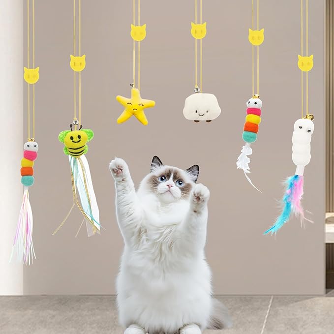 6 PCS Interactive Cat Feather Toys, Indoor Hanging Retractable Cat Toy, Self Play Toys Make Fun Excecise
