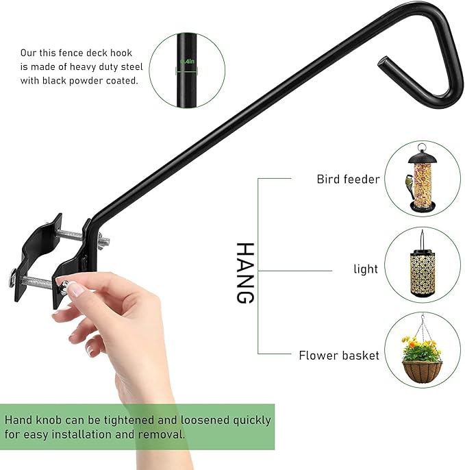2 Packs 11 Inch Fence Deck Hook Rail Hanging Mounting Kit Heavy Duty Bird Feeder Hook Decorative Hanger for Bird Feeders Planters Suet Baskets Lanterns on Balcony Porch Railing Fence