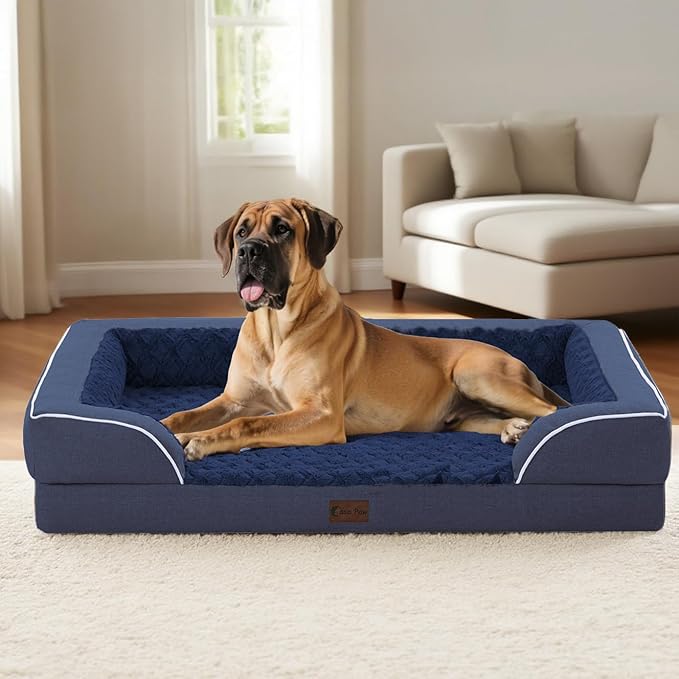 Orthopedic XL Dog Bed for Extra Large Dogs, Waterproof Memory Foam Dog Beds with Sides, Non-Slip Bottom and Egg-Crate Foam Big Dogs Couch Beds with Removable Washable Cover(X-Large,Navy Blue)