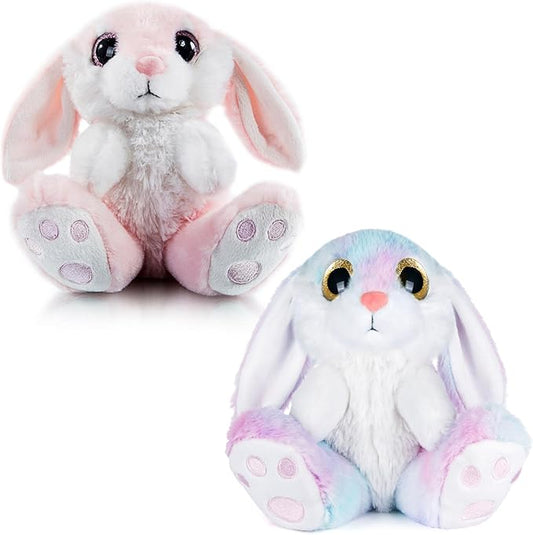 My OLi Bunny Stuffed Animal Pack of 2 Plush Rabbit 7in Stuffed Bunny with Floppy Ear Bedtime Friend Soft Toy Gifts for Girls Boys Kids, Pink & Rainbow