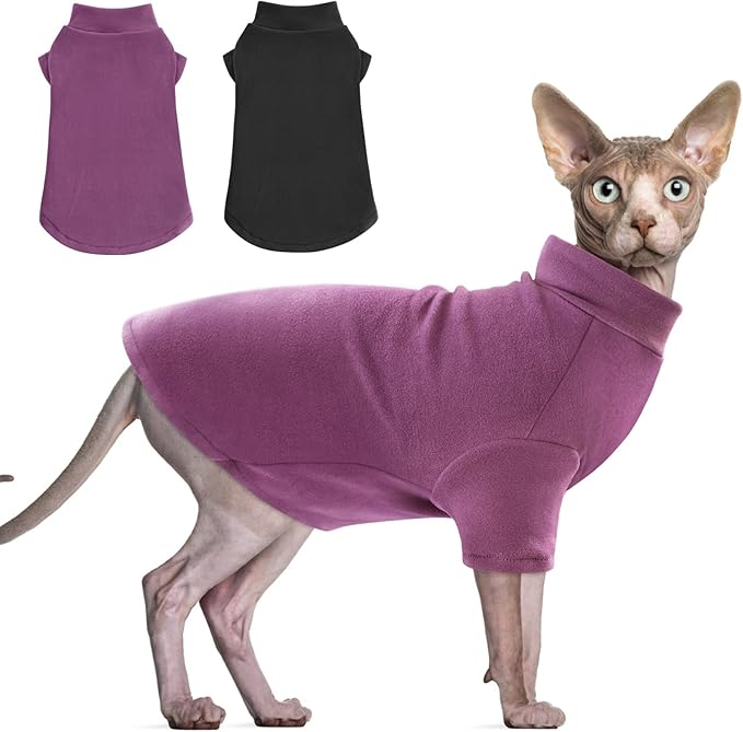 Idepet Sphynx Cats Sweater 2 Pack,Turtleneck Hairless Cat Shirt Soft and Warm Kitten Clothes with Sleeves Pullover Pet Winter Pajamas Jumpsuit for Cat Puppy (Black&Purple, Medium)
