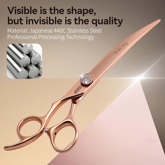 Professional Left Handed Curved Dog Grooming Scissors 8'' Downward 30° Rose Gold Titanium Japan 440C Pet Grooming Trimming Shears for Large Dog Poodle(8,Curved)
