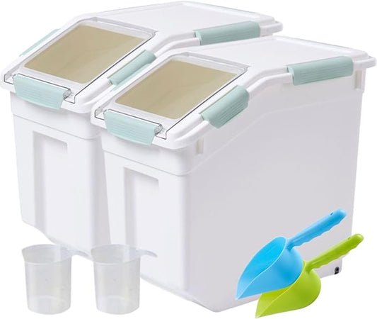Saim Flour & Food Storage Container 25LB, Rice Dispenser & Dog Food Container with Lid, BPA Free Plastic with Measuring Cup for Rice, Flour, Dry Food Organization Cat Food Bin Bulk on wheels (Green)