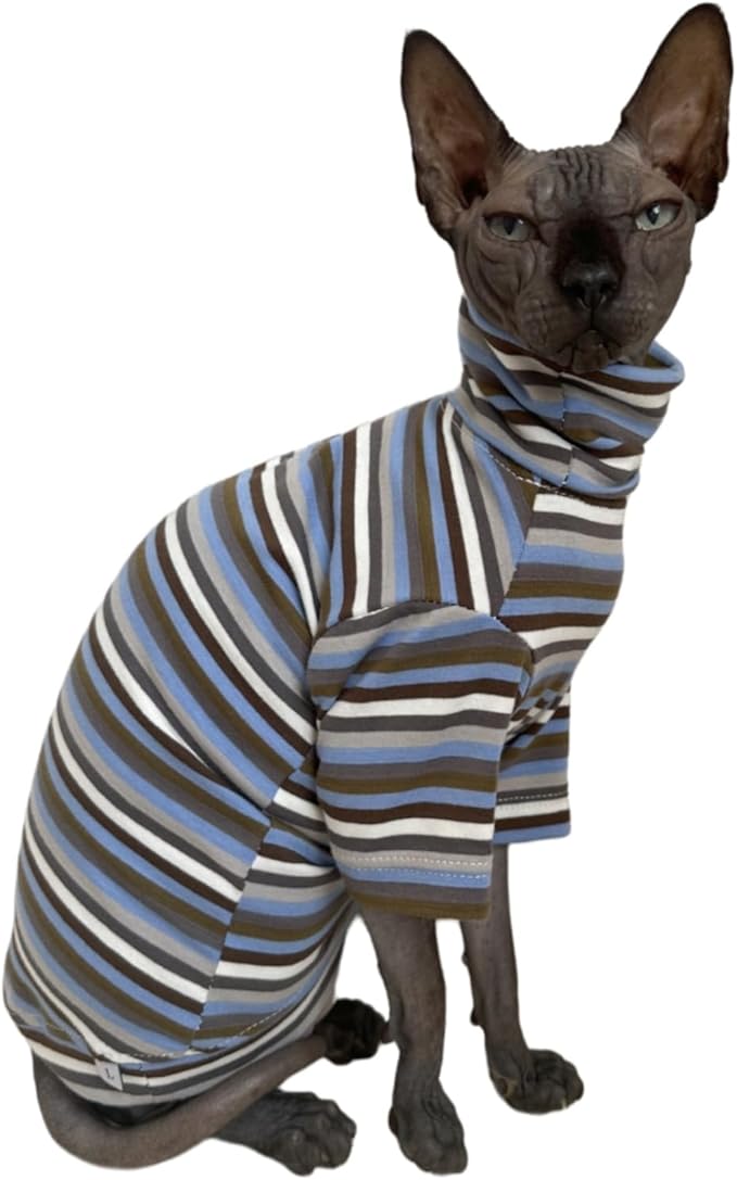 Vintage Stripes Sphynx Hairless Cats Shirt Cotton Cat Turtleneck Pet Clothes Kitten T-Shirts with Sleeves for Sphynx Cats (Storm, Medium)