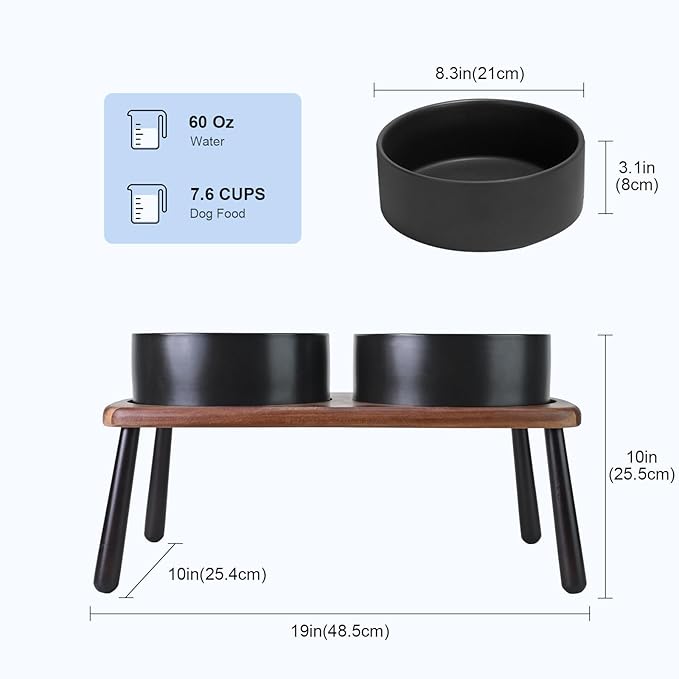 SPUNKYJUNKY Ceramic Elevated Dog Bowls Raised with Acacia Bamboo Wooden Stand, 8.3'' Dog Food Water Bowls Set Non-Slip for Medium Large Sized Breed Microwave Dishwasher Safe - 60 OZ,Black