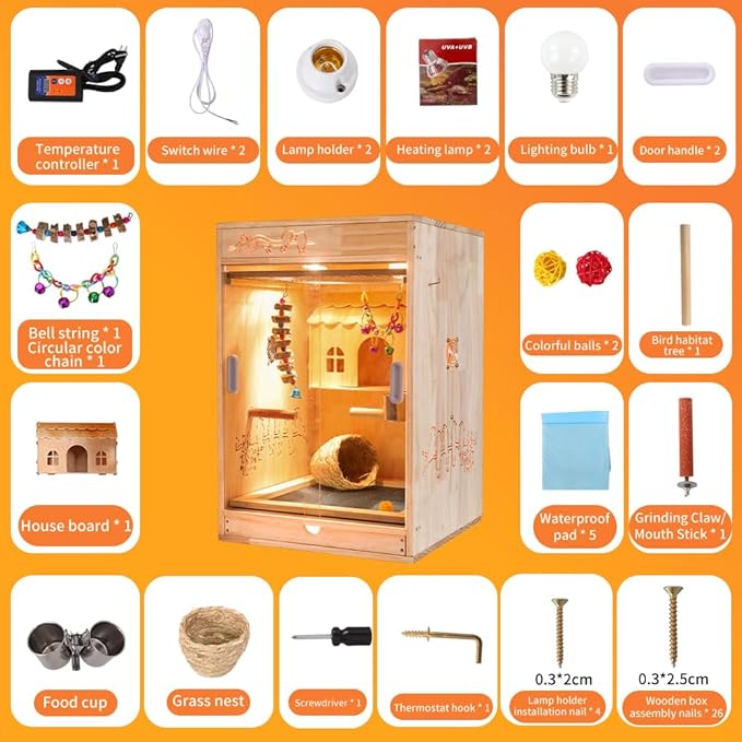 Large Bird Cage with Heater and Thermosta, Bird House Incubator, Bird Nesting Box, Birdcage Accessories, Wooden Birdhouse kit for Parrot Parakeet Cockatiel Lovebirds Budgie Finch Parrotlets Canary