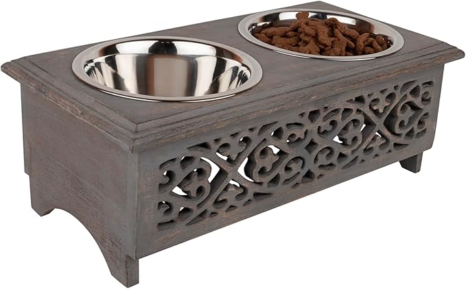 GoCraft Raised Dog Bowls for Small Dogs | Elegant Farmhouse Grey Washed Elevated Wooden Stand Feeder with 2 Stainless Steel Bowls for Your Pet Food & Water