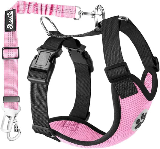 Lukovee Dog Seat Belt for Car, Adjustable Dog Car Harness for Large Medium Small Dogs, Soft Padded & Breathable Mesh Dog Seatbelt with Car Strap and Carabiner(Pink Double Clip,Large)